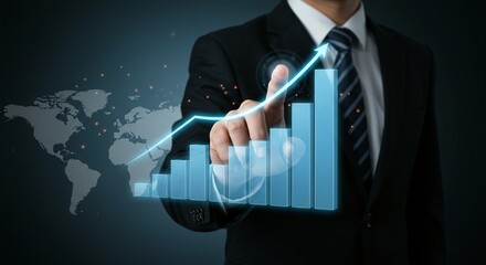 Business growth and financial success depicted by a hand interacting with a rising bar graph symbolizing progress and achievement