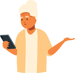 Elderly woman looking confused while using mobile phone, experiencing difficulties with new technologies