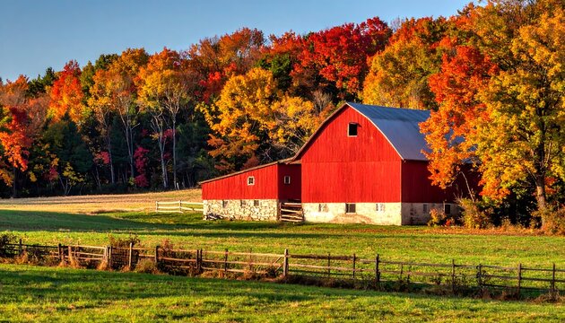 A bright red barn sits amid green grass and colorful fall foliage, bathed in sunlight under a clear blue sky - Powered by Adobe