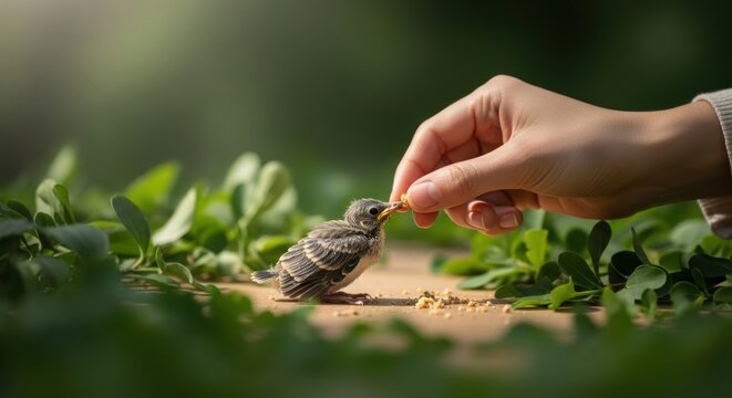 A tiny fledgling cautiously accepts a crumb from a gentle human hand amid sunlit green foliage, warm soft light casting shallow bokeh and a tender moment of trust and care. Warmly