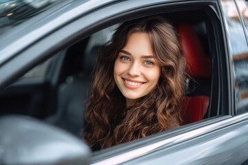 Buying First Car. Young Woman Looking Excited in Her New Ride