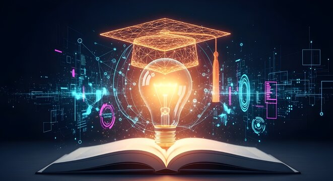 Conceptual glowing lightbulb and graduation cap rising from open book for digital learning technology