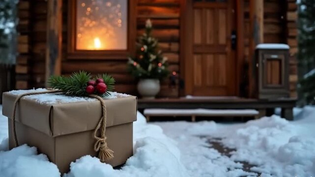 Festive Christmas Gift Box in Natural Colors Lying in Snow Outside Cozy Wooden Cabin
