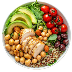 Colorful and healthy bowl. Sliced chicken, quinoa, avocado, chickpeas, olives, almonds, and cherry tomatoes arranged in a white bowl. Fresh greens complete the balanced on transparent background.png