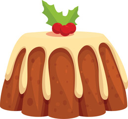 Delicious christmas pudding features holly berries and dripping white icing, evoking warmth and joy of festive season