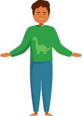 Confused boy shrugging shoulders wearing green dinosaur sweater