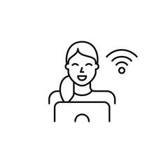 Woman working at laptop and wifi. Online productivity, remote learning and job. Pixel perfect, editable stroke vector icon