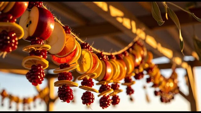 Sukkot festive decoration with dried fruits and lights celebrating Jewish holiday ambiance