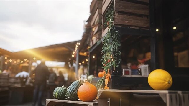 Autumn gourds and pumpkins display in wooden crates for Sukkot holiday decoration