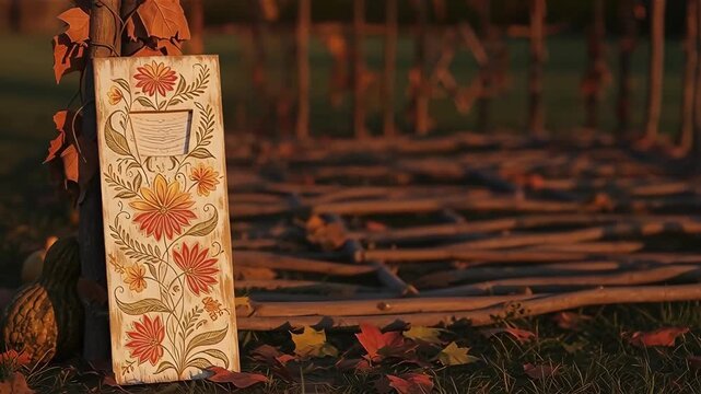 Wooden mezuzah-like decorative plank with floral motifs leaning on sukkah post at dusk, representing Sukkot holiday symbolism