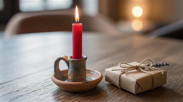 Kwanzaa celebration with lit red candle and gift wrapped in kraft paper on wooden table, warm cozy background
