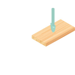 Simple 3D icon of a turquoise shovel piercing a light brown wooden plank against a clean white background