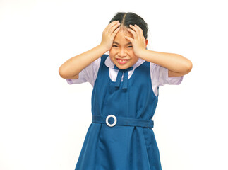 Playful Asian Schoolgirl Smiling and Holding Her Head in Blue Uniform on White Background