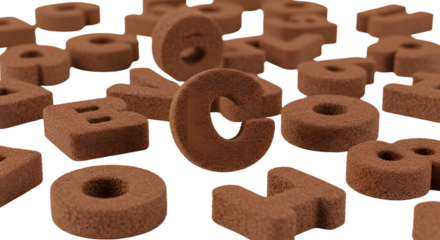 BABY TOYS - Chocolate alphabet letters candy scattered on white background, sweet chocolate treats perfect for baking decorations and desserts