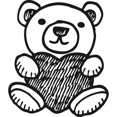 Simple Black and White Line Drawing of a Cute Teddy Bear Holding a Heart Outline with Diagonal Hatching Detail on a Transparent Background