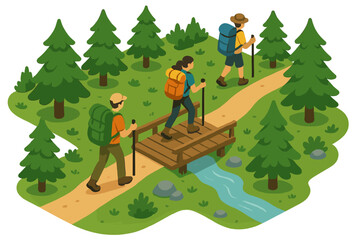 Fototapeta premium Three hikers on forest trail crossing bridge over stream