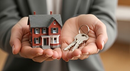 Giving house and keys — home ownership and rental concept