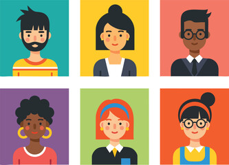 A diverse collection of colorful flat design avatars featuring men and women with different hairstyles and ethnicities.