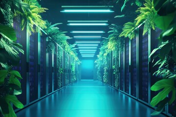 Sustainable Data: Servers Adorned with Lush Greenery in a Modern, Eco-Conscious Data Center Design