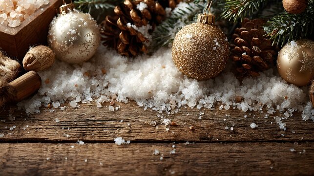 pine branches, christmas baubles and festive ornaments with snow on wooden background. Giving cozy winter holiday vibe 