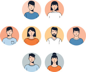 A diverse collection of minimalist illustrated character portraits in circular icons.