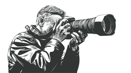 Monochrome illustration of a photographer with a professional camera and telephoto lens, actively capturing an image