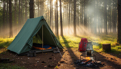 Campsite with a tent and campfire in a misty pine forest at sunrise. Outdoor adventure in the wilderness with golden sunbeams. Travel and recreation concept
