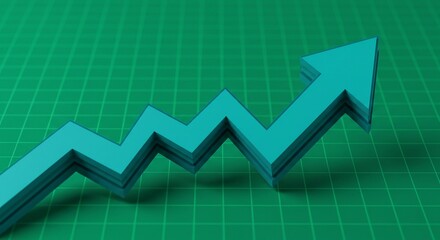 A vibrant teal arrow chart surges upwards on a green graph paper background, symbolizing economic growth and financial success