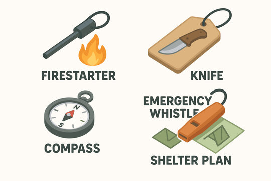 Essential camping tools: firestarter, knife, compass, whistle, shelter plan