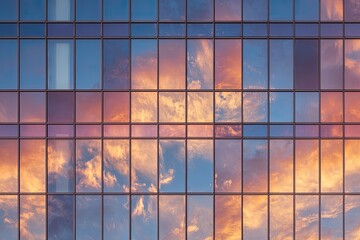 Skyscape reflected in a modern building's facade
