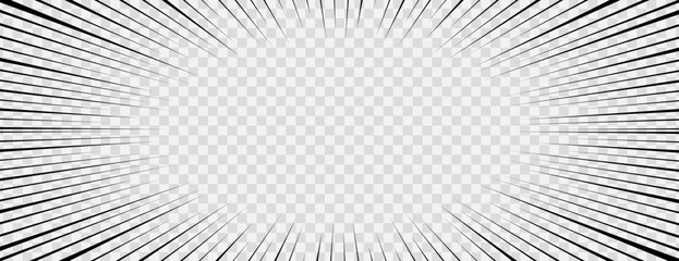 Dynamic comic manga background with black radial speed lines on a transparent background