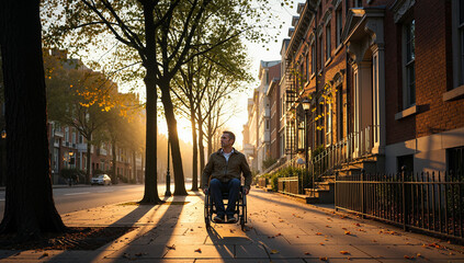 Independent man in a wheelchair on an urban sidewalk during a golden hour sunset. Person with a disability living an accessible lifestyle in the city during autumn