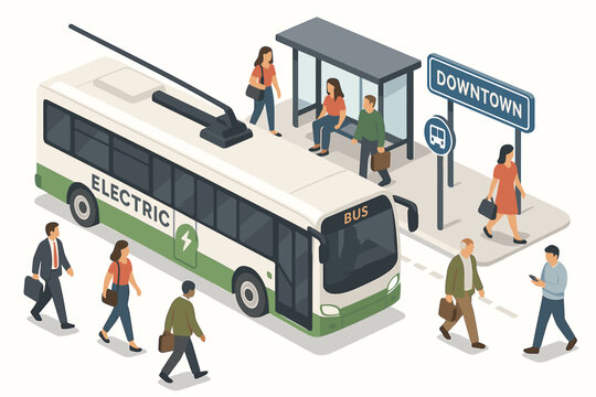 Isometric illustration of electric bus at downtown stop with commuters