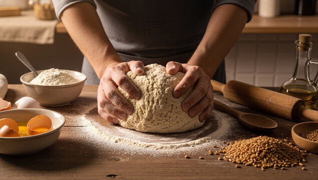Close-up of hands kneading dough for homemade bread on a rustic wooden table. Baker preparing food from scratch with natural ingredients in a kitchen