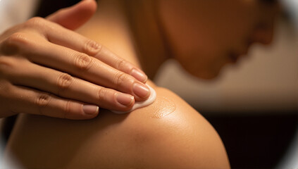 Woman applying moisturizing lotion to her shoulder. Close-up on hand rubbing body cream for a skincare routine. Self-care and beauty treatment concept