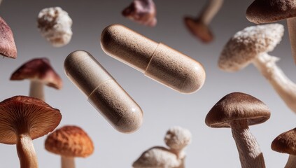 Mushroom-shaped supplement capsules levitate amidst assorted fungi