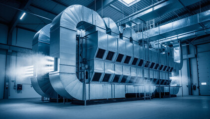 Large industrial HVAC ventilation system in a factory hall. Air handling unit with steel ductwork expelling steam. Modern manufacturing and climate control technology