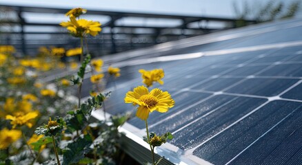 Bright yellow flowers near solar panels