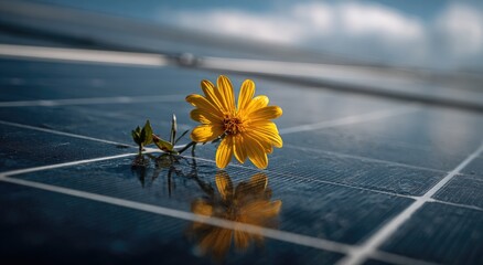 A vibrant yellow flower rests on a solar panel, reflecting in the dark blue surface. Sunlight highlights the flower and panel