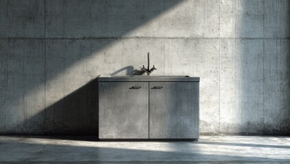 Modern, minimalist kitchen cabinet in a concrete room