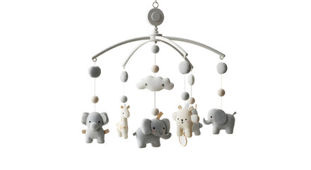 BABY TOYS - Baby crib mobile with hanging soft toys including elephants, giraffe, and cloud in neutral gray and white tones, perfect for nursery decoration