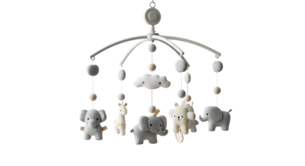 BABY TOYS - Baby crib mobile with hanging soft toys including elephants, giraffe, and cloud in neutral gray and white tones, perfect for nursery decoration
