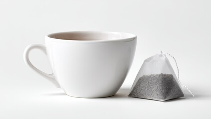 A white teacup filled with tea next to a tea bag