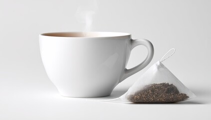 White teacup with steaming tea and tea bag