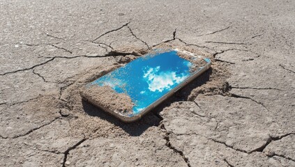 Mobile phone in cracked dry earth