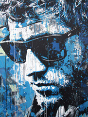 青い背景のサングラスをかけた男性の肖像画