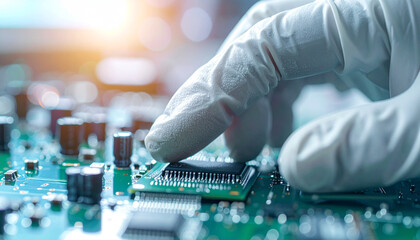 Obraz premium Precision in Electronics: A gloved hand delicately interacts with an intricate electronic circuit board. The scene highlights the precision and care essential in the high-tech industry. 