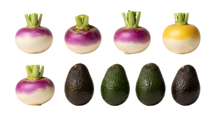 Fresh purple and yellow turnips and ripe avocados arranged in rows on white background, perfect for healthy food or vegetarian recipes