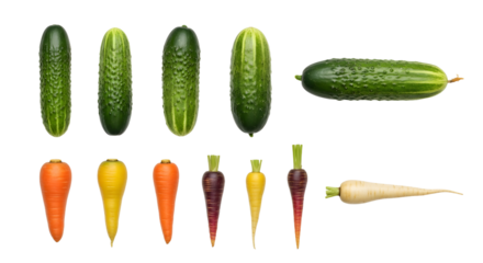 Fresh assorted colorful carrots and cucumbers isolated on white background, healthy vegetables collection for cooking and nutrition