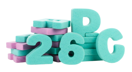 BABY TOYS - Blue pool noodles shaped as letters and numbers stacked together, ideal for summer fun and swimming pool activities
